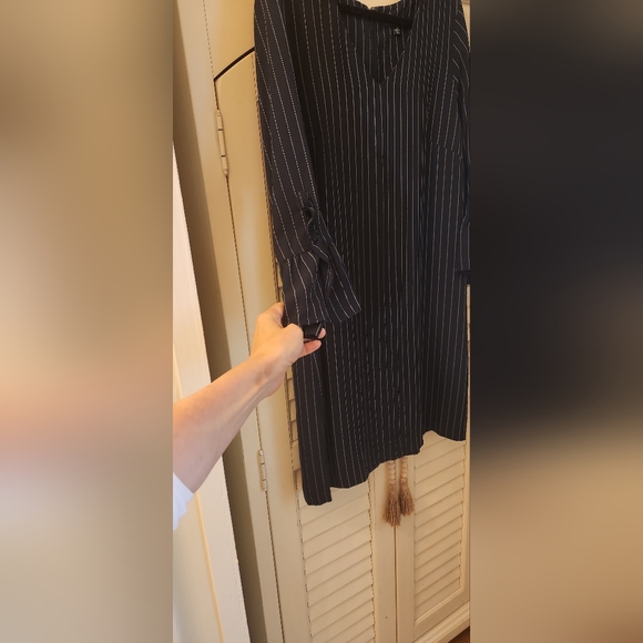 Navy and White Pinstriped Ruffle Sleeve Shift Dress: Professional, Office? - Picture 6 of 8